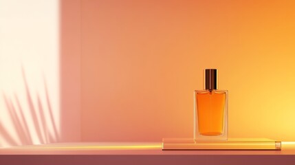 Elegant perfume bottle on a minimalist shelf, bathed in warm orange light with soft shadows