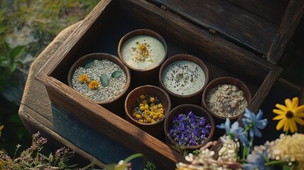 Bohemian breakfast box with smoothie bowls, chia pudding, and wildflowers, free-spirited style, soft boho colors, [breakfast box], [bohemian vibes] 