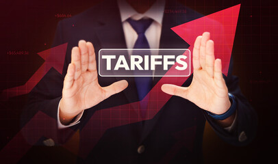 Increasing Tariffs concept with Red Arrows going upward and glowing typography in the Center....