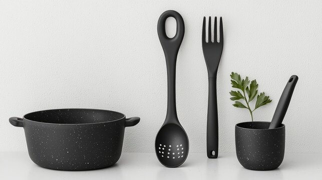 Black kitchenware set on white background