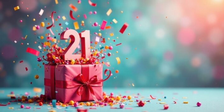 A celebratory gift box exploding with colorful confetti and the number twenty-one - Powered by Adobe