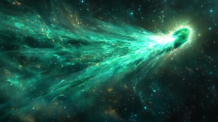 Fototapeta premium Glowing teal comet streaks across dark space vibrant cosmic dust trail. AI Generated
