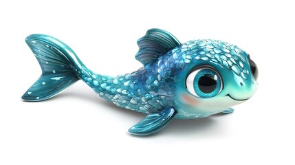 Naklejka premium Cute cartoon teal fish figurine isolated on white background.