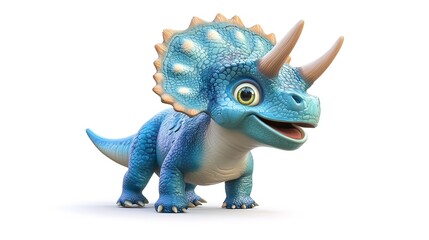 Fototapeta premium Cute cartoon Triceratops dinosaur, blue, white, isolated on white background.