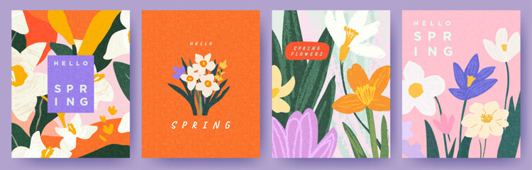 Spring set of the cutest cards or posters for the spring holiday with wildflowers, Narcissus flower, Crocus flowers. Hand drawn Floral art templates for Womens Day March 8, birthday and Mothers Day