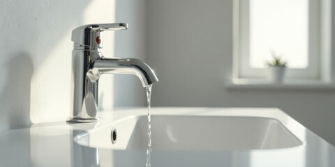 Modern chrome faucet with water flowing into a clean white sink in a bright bathroom
