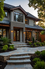 Fototapeta premium Luxury Modern Home Exterior: Stone Pathway, Landscaping, and Contemporary Design