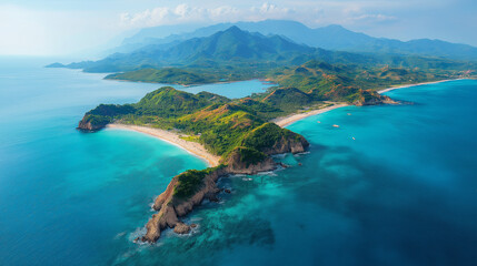 The turquoise waters surround the green peninsula