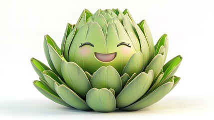 Fototapeta premium Happy cartoon artichoke with smiling face, 3D render on white background.