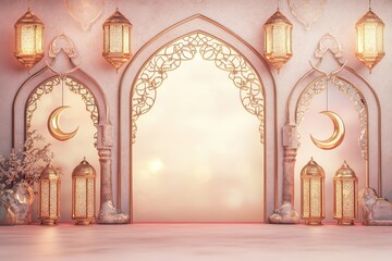 Elegant Ramadan Background Golden Lanterns Crescent Moon Islamic Arch Decor