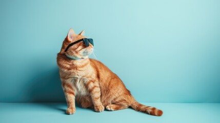 A ginger cat wearing sunglasses and a blue collar sits against a teal background, ideal for creative marketing, branding, or playful social media content