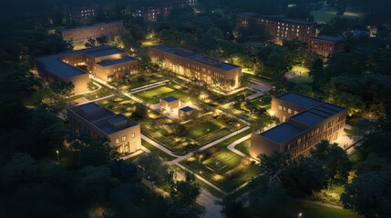 Obraz premium Lush Green Campus at Night with Illuminated Buildings and Pathways