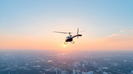Fototapeta premium Helicopter flying over a sprawling city landscape during a vibrant golden sunset.