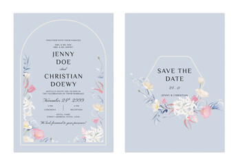 wedding invitation and save the date template set of whimsical floral motif with a variety of flowers and leaves arranged in a circular frame on a soft blue background, adding a fairytale-like theme