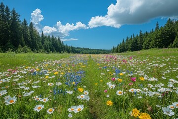 Enchanting Forest Clearing: Delicate Wildflowers Among Towering Trees in a Serene Natural Haven