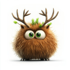 Fototapeta premium Fluffy cartoon creature with antlers and green accents, cute and whimsical