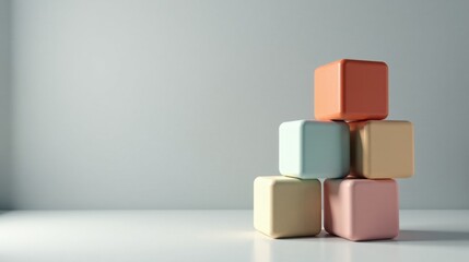Obraz premium Pastel-Colored Cubes Arranged in a Balanced Stack Against a Simple White Background