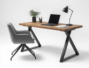 Modern Wooden Desk with Black Metal Legs, Grey Fabric Chair, Laptop, Lamp and Plant