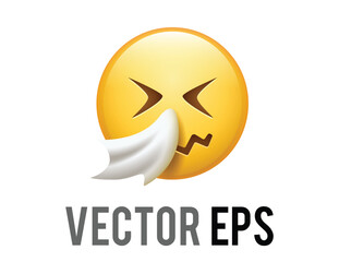 Yellow sick face with scrunched, sneezing, blowing its nose into white tissue