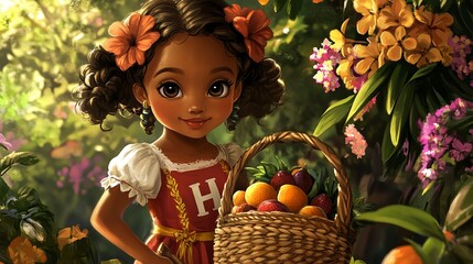 Adorable Dark-Skinned Girl with Basket of Fruit in a Lush Garden