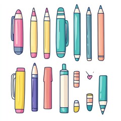 Obraz premium Colorful Pencils Pens and Stationery Supplies Illustration