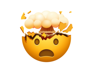 Yellow shocking face icon with open mouth and brain-like mushroom cloud
