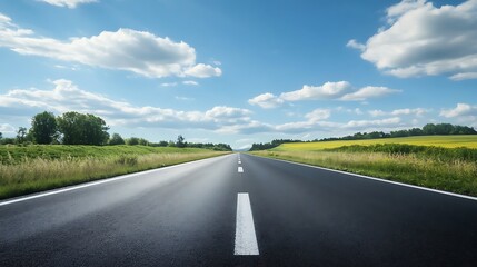 Fototapeta premium A straight road stretches toward the horizon under a blue sky with scattered clouds.