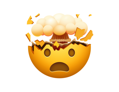 Yellow shocking face icon with open mouth and brain-like mushroom cloud