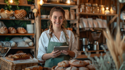 Smiling female bakery employee holding a tablet surrounded by fresh bread and rustic decor
