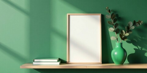 Minimalist interior design a blank frame, books, and a vase with branches on a shelf against a green wall bathed in sunlight