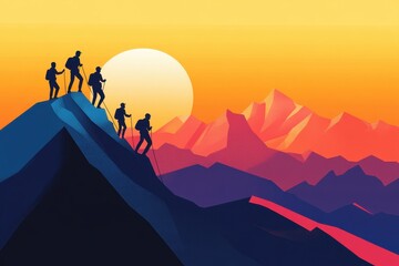 Fototapeta premium Hikers ascend a mountain at sunset towards a distant range