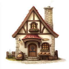 Charming medieval house with stone chimney and baked goods display