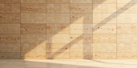 Obraz premium Sunlight Illuminates a Room with Light Brown Wood-like Tiles on the Walls and Matching Floor