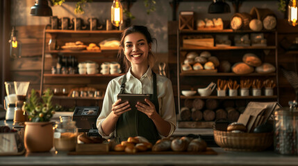 Obraz premium Smiling female bakery employee holding a tablet surrounded by fresh bread and rustic decor