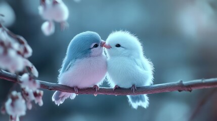 Fototapeta premium Two baby birds cuddling on branch, spring blossoms, soft focus background, romantic