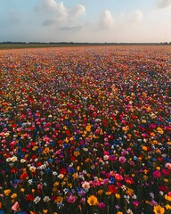 A breathtaking wide-angle view of a vibrant field filled with an array of colorful wildflowers, showcasing hues of pink, yellow, blue, and orange under a clear sky.