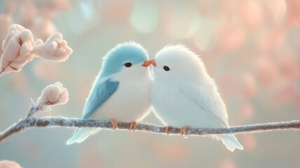 Fototapeta premium Two birds kissing on snowy branch, spring blossoms background, romantic nature scene, Valentine's card