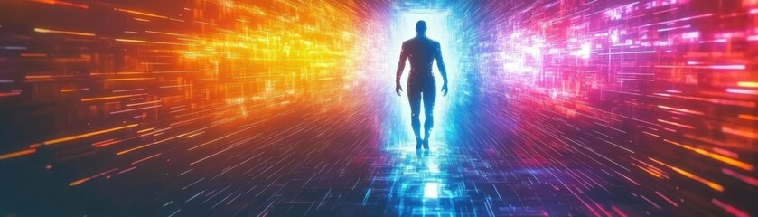Obraz premium - A humanoid entity enters a glowing portal, changing from monochrome to vivid colors, embodying a futuristic transformation with cinematic lighting effects