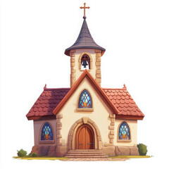 Charming quaint church with colorful stained glass windows and bell tower