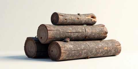 A Stack of Weathered Logs Arranged in a Pyramid Shape on a White Background
