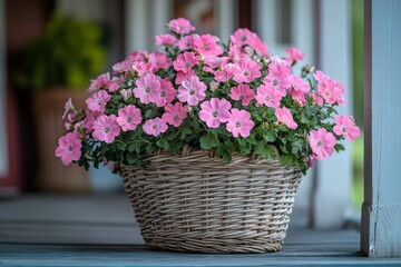 Serene Beauty - A Rustic Wicker Basket Overflowing with Bright Fresh Flowers Capturing Timeless Charm