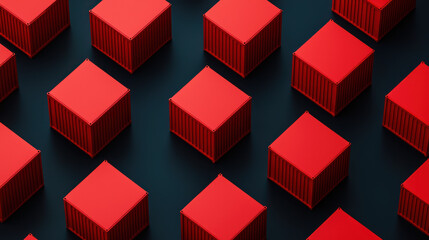 Obraz premium Red shipping containers arranged in grid pattern on dark background, showcasing modern logistics concept