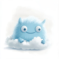 Obraz premium Fluffy blue monster character with big eyes sitting on cloud, cheerful and cute