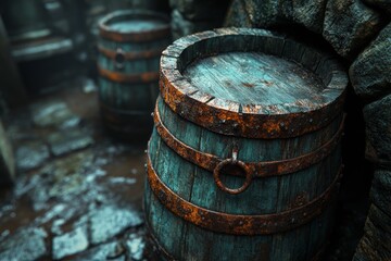 Fototapeta premium Weathered Wooden Barrel with Rusty Metal Rings Standing Alone in Abandoned Field Under Gray Sky