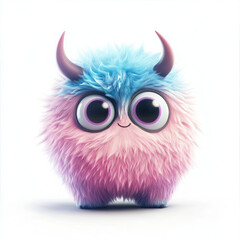 Fluffy cartoon monster with big eyes and colorful fur, smiling happily