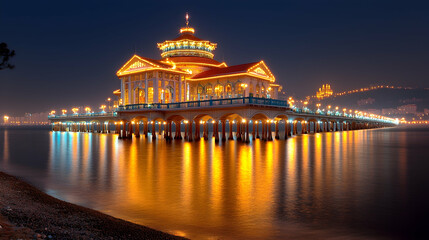 Obraz premium Illuminated Zhanqiao Pier pavilion glowing at night with golden light reflections on the calm sea water in Qingdao, China.