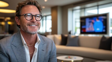 Smiling man in a suit looking away in a modern home.