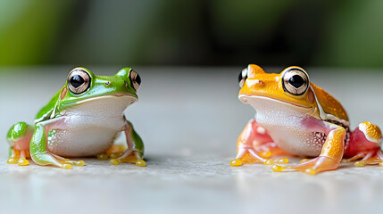 Naklejka premium Green and yellow tree frogs sit side by side on a light stone surface in natural daylight.