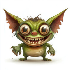 Cartoonish green monster with large eyes and sharp teeth, smiling playfully