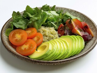 Fresh Quinoa Salad Bowl with Avocado, Tomatoes, and Mixed Greens